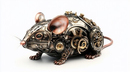 Fototapeta premium Steampunk mouse figurine, gears, white background, art