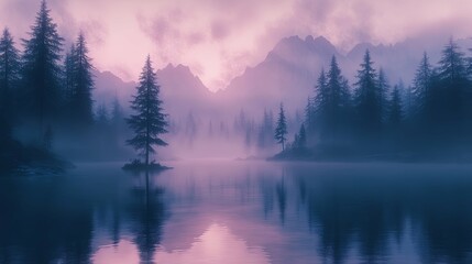 Fototapeta premium A tranquil scene of misty lake and surrounding forest