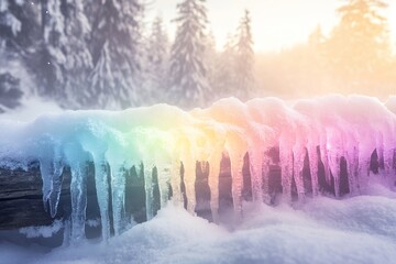 Colorful icicles in snowy forest at sunrise with rainbow glow