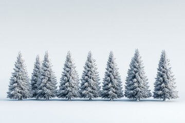 Fototapeta premium Row of frosted evergreen trees in a winter landscape with minimalistic snowy background