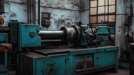 A massive industrial lathe shaping a large metal component.