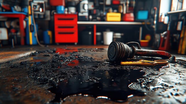 Industrial Garage Floor with Oil Spill and Tools in Workshop Area
