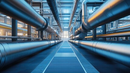 Naklejka premium A network of underground industrial pipes and metal ducts in a factory.