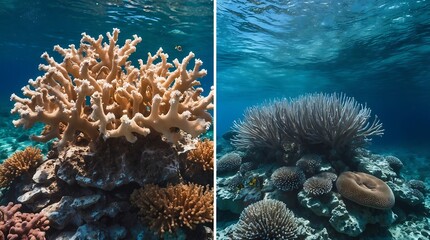 Obraz premium Coral reef restoration contrasting with dying coral due to climate change impact