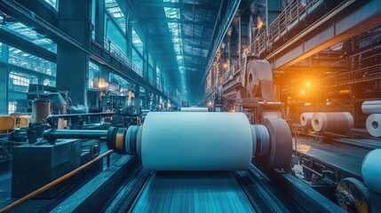 A paper mill with giant rolls of paper being processed by industrial machines.