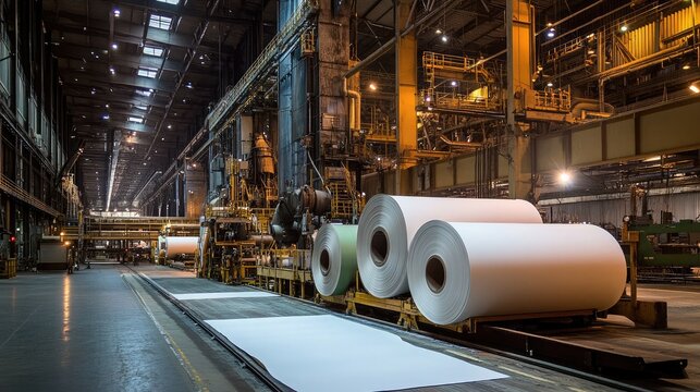 A paper mill with giant rolls of paper being processed by industrial machines.