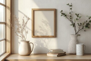 Fototapeta premium Neutral Home Decor Minimalist Still Life Aesthetic with Wooden Frame Dried Plants Coffee Mug and Books