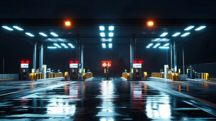 Night Highway Toll Plaza: Neon Lights Reflecting on Wet Pavement