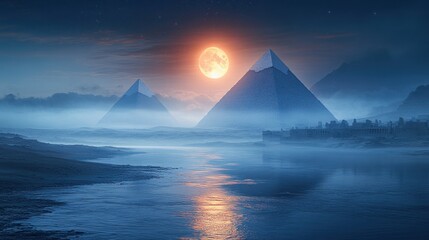 Mystical pyramids under a full moon
