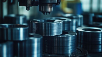 A close-up of a metal stamping machine pressing sheets into precise shapes.