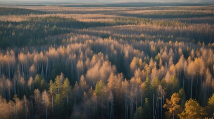 Changing colors of trees in the Taiga forest due to climate change in autumn