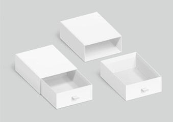 Slider open drawer box with rope pull mockup. Vector illustration isolated on grey background. Can be use for gift box, luxury, cosmetics, and other goods. EPS10.	