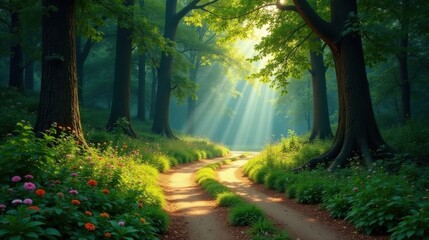 Obraz premium Sunlit Path Through a Serene Woodland, Where Sunlight Beams Illuminate a Winding Dirt Road Flanked by Lush Greenery and Vibrant Blossoms.