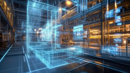 A digital engineering model of a factory machine being optimized for efficiency.