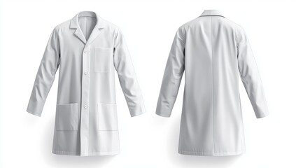 Front and back view of a simple white lab coat.  Detailed, high-quality rendering