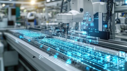 A digital engineering model of a factory machine being optimized for efficiency.