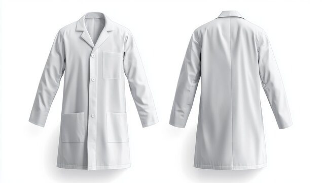 Front and back view of a simple white lab coat.  Detailed, high-quality rendering