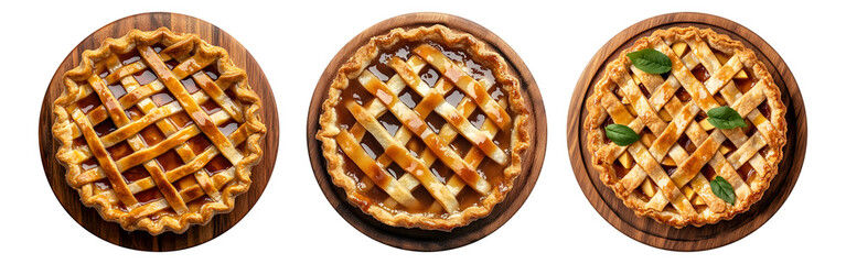  apple pie with sauce on wood plate, transparent background