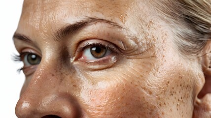 Extreme close-up face of middle-aged woman with uneven tone skin - dark spot or melasma, hyperpigmentation caused by hormonal changes, aging or freckles genetics or exposure to the sun