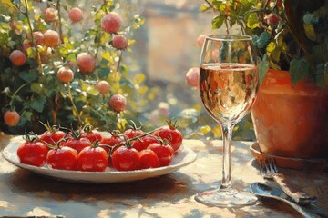 Friends enjoying red wine and delicious food at outdoor winery restaurant barbecue lunch party