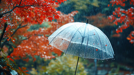 autumn rain, Raindrops pouring down on a transparent umbrella and red maple trees swaying in the wind and rain, Generative ai