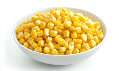 a pile of fresh canned corn kernel in a flat white bowl, 