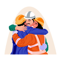 A flat style illustration of workers giving a team hug 