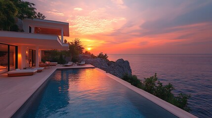Coastal villa with breathtaking sunset and pool high resolution image