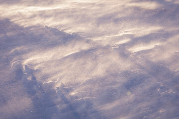 Snow crystals blown by blizzard winds
