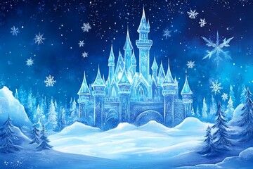 Fototapeta premium A beautiful ice castle scene under a sparkling winter night