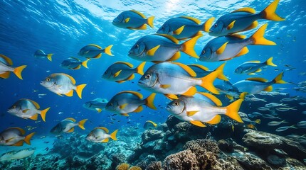 Obraz premium Underwater school of fish displaying colorful patterns in their natural habitat