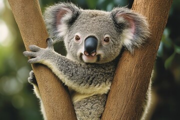 Fototapeta premium A peaceful koala lounging in the branches of a eucalyptus tree, enjoying its natural habitat.