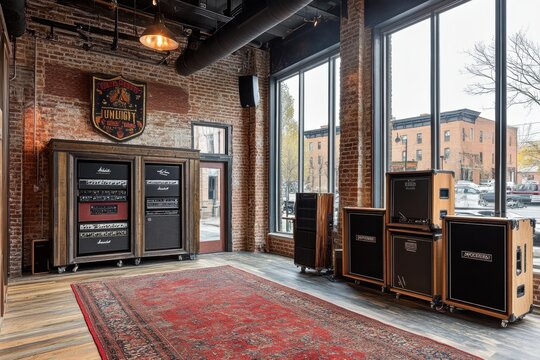 A music room with vintage amplifiers and a rustic aesthetic.  Brick walls, large windows, and a rich rug complement the classic equipment.