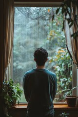 A person stands by a window, watching the rain fall gently outside. They breathe deeply, feeling thankful for the quiet moment