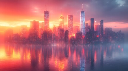 Fototapeta premium Sunset Over City Skyline with Reflection on Water