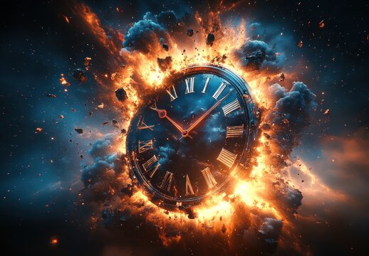 Exploding Clock in Cosmic Scene Vibrant Energy Nebula Galaxy Stars Space