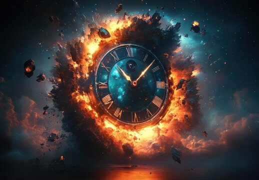 Exploding Clock in Cosmic Space with Nebula and Stars Concept of Time and Energy