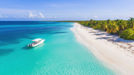 A serene beach landscape with a boat sailing in crystal-clear turquoise waters.