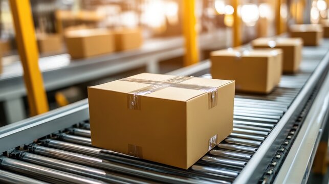 A packaging production line with boxes being automatically sealed and labeled.