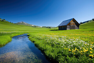 Obraz premium A serene countryside scene featuring a rustic cabin beside a flowing stream.
