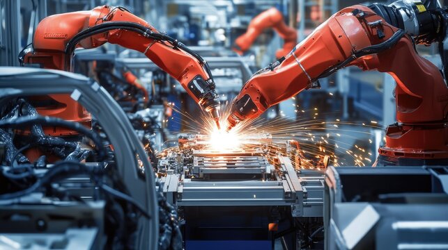 A robotic arm welding components in a high-tech industrial assembly line.