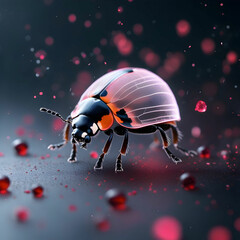 Ghostly luminescent ladybug surrounded by floating red and black particles in a mystical close-up