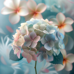 Soft pastel hydrangea in a blurred style, featuring floral background with frangipani and plumeria.