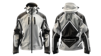 Modern waterproof ski jacket with reflective stripes isolated on transparent background