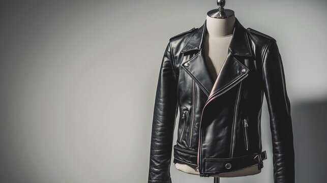 Stylish black leather biker jacket on a mannequin against a grey backdrop, concept for fashion catalogs, apparel websites, and leather goods branding