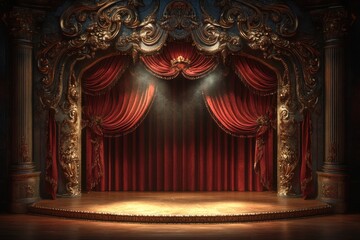 Theater Stage Red Curtains Dramatic Spotlights Luxurious Gold Baroque Decorations