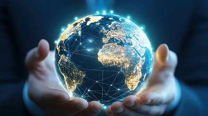 Economic growth investment GDP opputunity A person holding a glowing digital globe, symbolizing global connectivity and technological advancement.