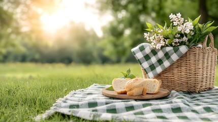 Spring picnic with flora and flowers in nature outdoor setting relaxing viewpoint
