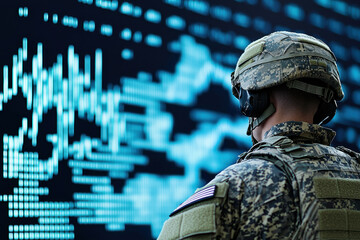 A soldier observes data analytics on a digital display in a military setting.