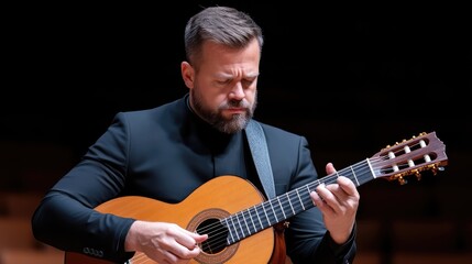 Obraz premium A guitarist performs a classical piece. Focused performer playing a classical guitar
